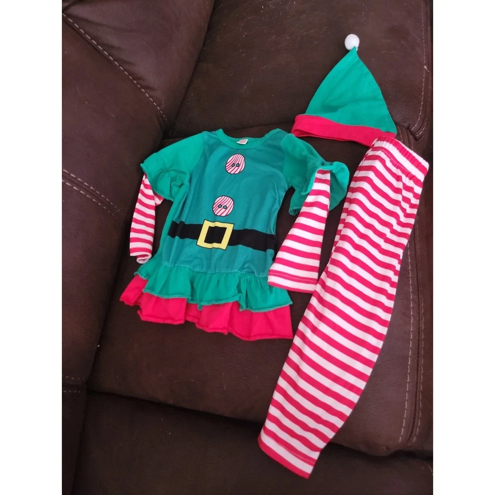 Boutique Christmas holiday elf outfit dress leggings hat size 110 fits like 4 5